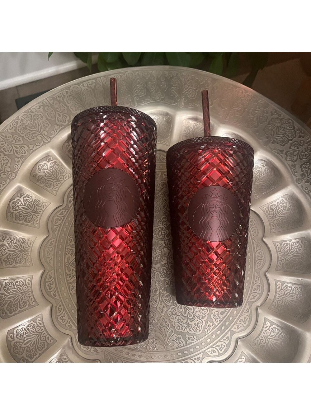 SET OF TWO NWT STARBUCKS 2022 SANGRIA RED 16 oz AND 24 oz Jeweled Tumblers - Picture 2 of 3